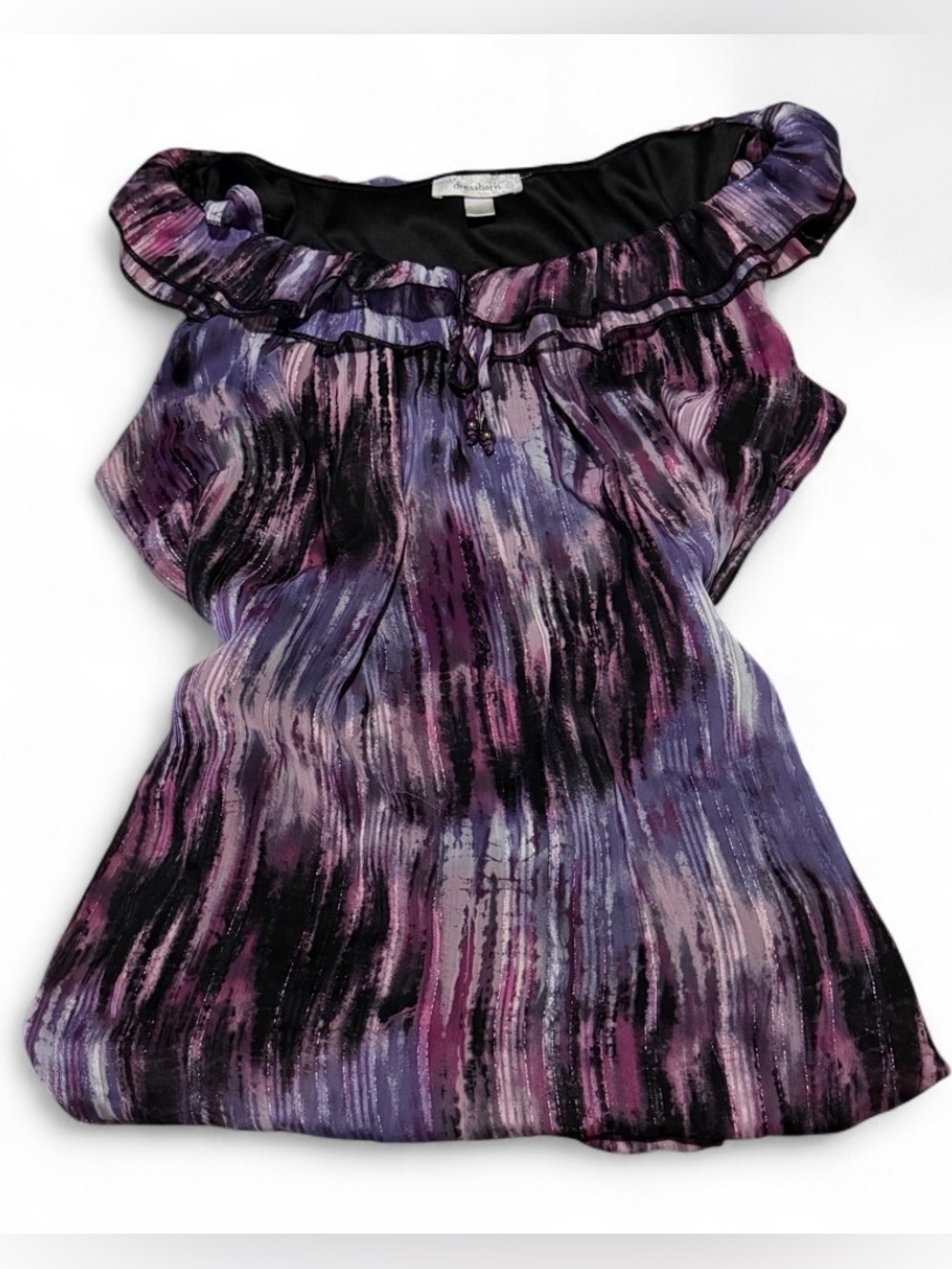 Dressbarn Whimsigoth Purple Abstract Ruffle Off The Shoulder Tank